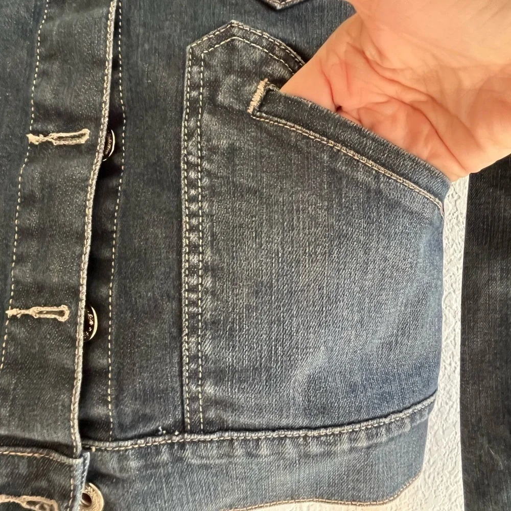 Levi's Ex Boyfriend Trucker Cowgirl Jean jacket denim dark blue Womens Small - Picture 6 of 11